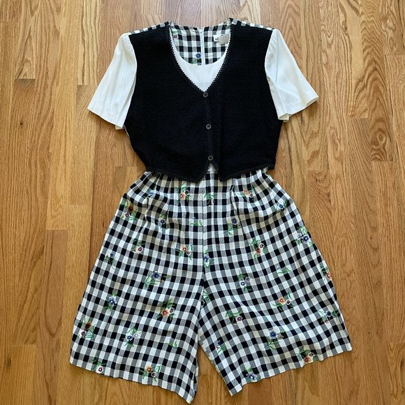 Allison-Che Pants - Vtg 80’s Black & White Floral Check Women’s One-Piece Romper by Allison-Che Sz 8